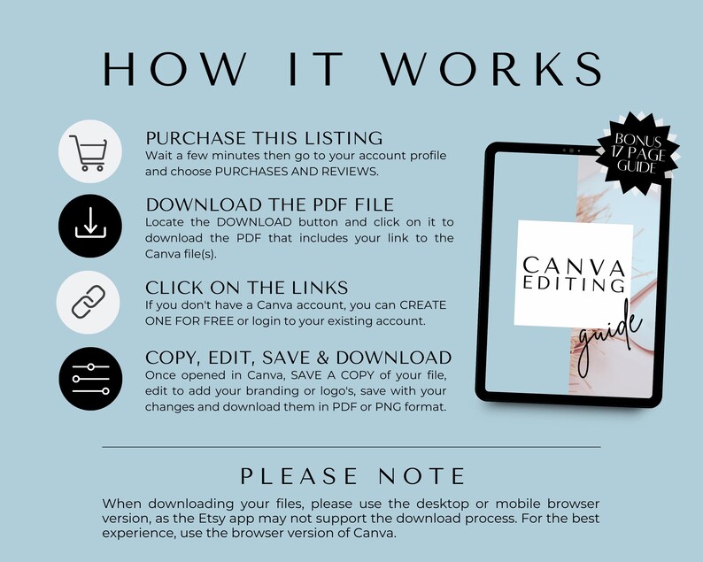 May include: A digital illustration of a tablet screen showing a Canva editing guide. The guide is titled "Canva Editing Guide" and is on a pink and white background. The text on the screen explains how to purchase, download, edit, and save Canva files. The image also includes a bonus 17-page guide.