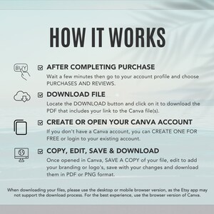 May include: A graphic with a blue background and white text explaining how to download and use a Canva template. The graphic includes icons for buying, downloading, and editing.