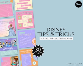 May include: A set of 30 social media templates for Disney tips and tricks. The templates are in three sizes and feature a pastel blue background with pink, yellow, and purple accents. The text "Disney Tips & Tricks" is in black and the text "Social Media Templates" is in a smaller font size. The text "30 Templates 3 Sizes" is in a circle with a starburst design.