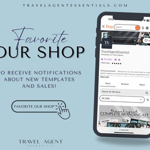 May include: A screenshot of an Etsy shop page for TravelAgentEssential, a shop selling templates for travel agents. The shop has over 2,000 sales and is a Star Seller. The shop's announcement reads: "Welcome to our one-stop shop for travel agents seeking to streamline their business operations."