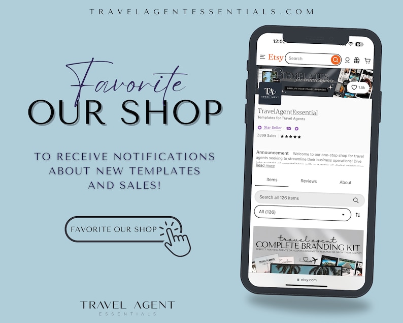May include: A screenshot of an Etsy shop page for TravelAgentEssential, a shop selling templates for travel agents. The shop has over 2,000 sales and is a Star Seller. The shop's announcement reads: "Welcome to our one-stop shop for travel agents seeking to streamline their business operations."