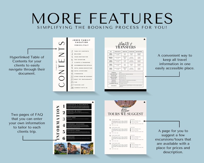 May include: A black and white image showing a travel planner template with a table of contents, a page for flights and transfers, a page for frequently asked questions, and a page for suggested tours. The text "MORE FEATURES" is at the top of the image.