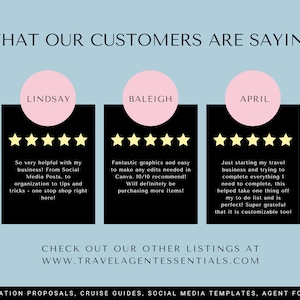 May include: A light blue background with the text "WHAT OUR CUSTOMERS ARE SAYING" in black. Three black squares with white text and five yellow stars each. The squares are labeled "LINDSAY", "BALEIGH", and "APRIL". Each square contains a customer testimonial.