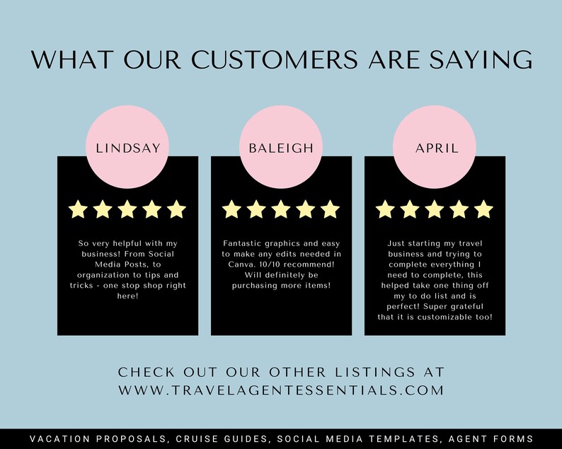 May include: A light blue background with the text "WHAT OUR CUSTOMERS ARE SAYING" in black. Three black squares with white text and five yellow stars each. The squares are labeled "LINDSAY", "BALEIGH", and "APRIL". Each square contains a customer testimonial.