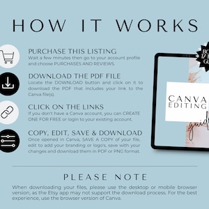 May include: A light blue background with black icons and white text explaining how to use a Canva editing guide. The text includes the words "Purchase this listing", "Download the PDF file", "Click on the links", "Copy, edit, save & download", and "Please note".