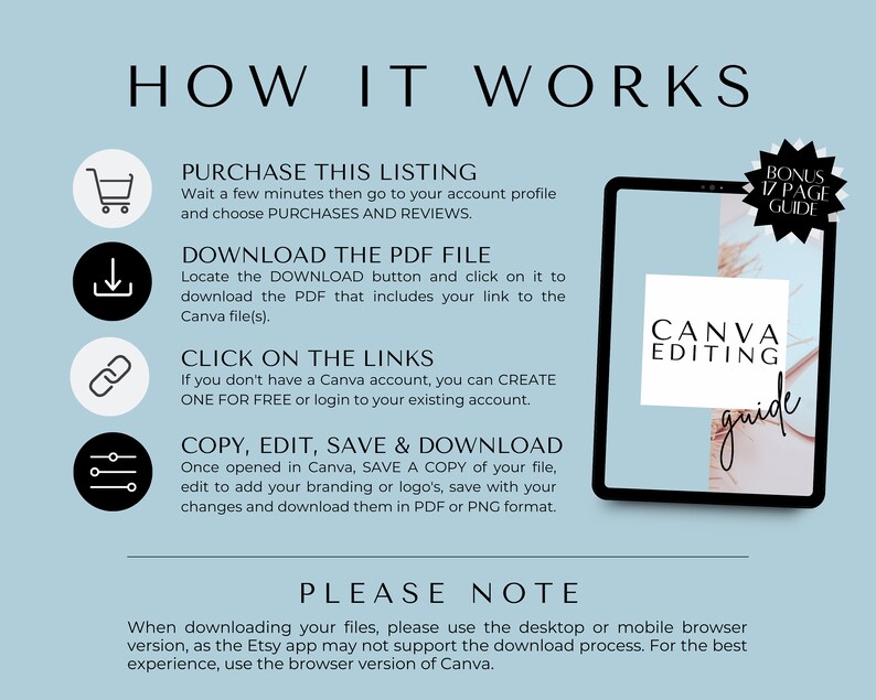 May include: A light blue background with black icons and white text explaining how to use a Canva editing guide. The text includes the words "Purchase this listing", "Download the PDF file", "Click on the links", "Copy, edit, save & download", and "Please note".