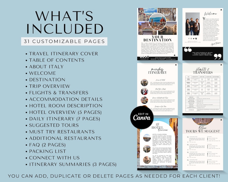 May include: A printable travel itinerary template for Italy with 31 customizable pages. The template includes a cover page, table of contents, about Italy, welcome, destination, trip overview, flights and transfers, accommodation details, hotel room description, hotel overview, daily itinerary, suggested tours, must try restaurants, additional restaurants, FAQ, packing list, connect with us, and itinerary summaries. The template is editable in Canva.