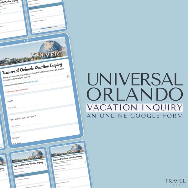 Universal Orlando Online Travel Inquiry Client Questionnaire, Travel Agent Templates, WDW Vacation Inquiry, Google Forms Questionnaire