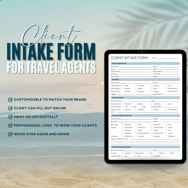 Travel Agent Client Intake Form, Travel Agency Forms, Client Travel Inquiry Form, Travel Business Forms, Canva Templates, Travel Advisor