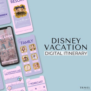 May include: A digital itinerary for a Disney vacation in Orlando, Florida. The itinerary includes a family photo, a list of attractions, and a weather forecast. The text on the itinerary says "Magical Vacation", "The Happiest Place on Earth", "Orlando", "The Family", "Lightning Lane Multi/Single Passes", "The Forecast", and "Disney Vacation Digital Itinerary".