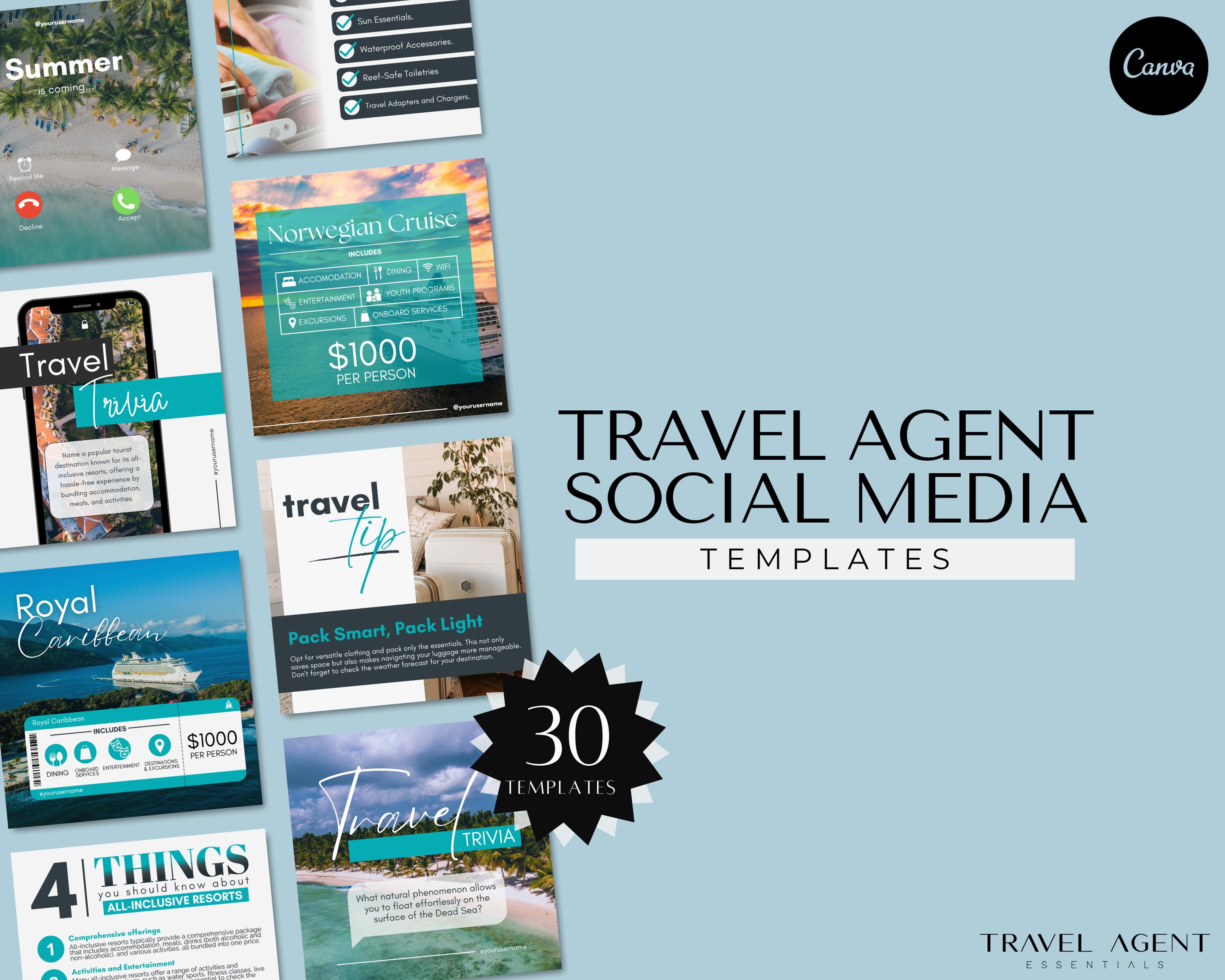 Plantillas para redes sociales de agencias de viajes, plantillas para Instagram y Facebook, publicaciones para redes sociales de viajes, plantillas de Canva, folletos para agencias de viajes
