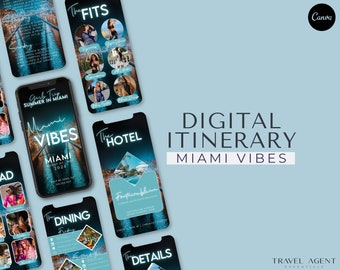 May include: Digital itinerary design for a Miami trip, featuring multiple smartphone mockups. The phones display itinerary details, including "Miami Vibes" and "The Hotel," with a light blue background. The design includes the Canva logo.