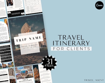 Op de afbeelding: Een reisroute sjabloon voor klanten met een zwart-wit ontwerp. Het sjabloon bevat een titelpagina met de tekst "TRIP NAME" en "TRAVEL ITINERARY" met een foto van het Colosseum in Rome, Italië. Het sjabloon bevat ook een pagina met de tekst "YOUR DESTINATION" en een collage van foto's van verschillende bestemmingen. Het sjabloon is 31 pagina's lang.