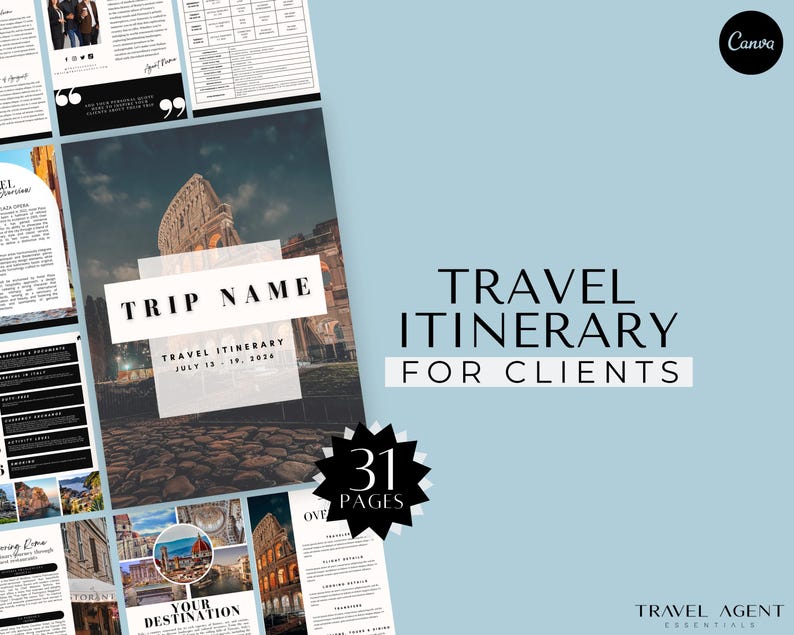 Travel Itinerary, Client Vacation Itinerary, Travel Agent Templates, Daily Travel Itinerary, Canva, Travel Guide, Travel Agency, Travel Planner,Trip Itinerary
