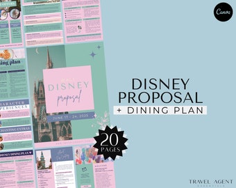 May include: A pink and blue graphic design for a Disney proposal and dining plan. The design features a castle, stars, and the text "WALT DISNEY proposal" and "DISNEY PROPOSAL + DINING PLAN".