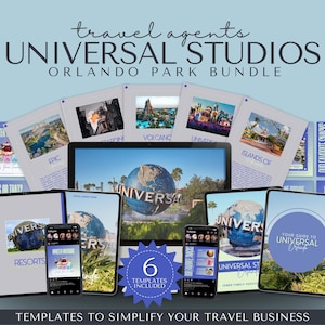 Puede incluir: Un paquete de marketing digital para agentes de viajes, con plantillas para Universal Studios Orlando. El diseño incluye una tableta, teléfonos inteligentes y materiales impresos con el logotipo de Universal Studios e imágenes del parque.