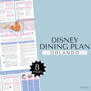 May include: A light blue flyer with the words "Disney Dining Plan Orlando" in black text. The flyer includes information about the dining plan, with the text "8 Pages" in a black starburst shape. The Canva logo is in the upper right corner.