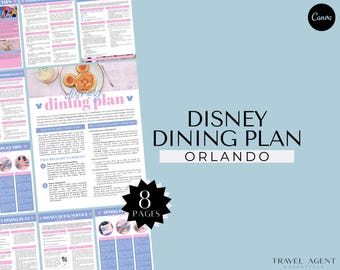 May include: A light blue flyer with the words "Disney Dining Plan Orlando" in black text. The flyer includes information about the dining plan, with the text "8 Pages" in a black starburst shape. The Canva logo is in the upper right corner.