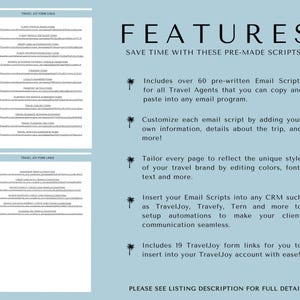 May include: A blue and white graphic with the word "FEATURES" in black text. The graphic includes a list of features for a travel agent email script template. The features include over 60 pre-written email scripts, customization options, and integration with CRM systems.