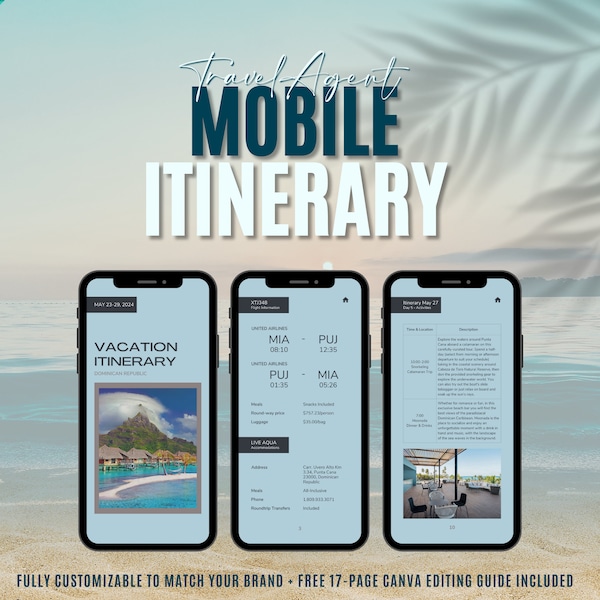 Travel Agent Mobile Itinerary, Digital Vacation Itinerary, Trip Planner, Travel Agency Templates, Instant Download, Canva Template