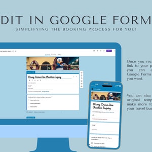 K&ouml;nnte beinhalten: Ein Computerbildschirm und ein Smartphone zeigen ein Google-Formular mit dem Titel "Disney Cruise Line Vacation Inquiry". Das Formular enth&auml;lt ein Textfeld f&uuml;r die E-Mail-Adresse, eine Multiple-Choice-Frage und einen Abschnitt f&uuml;r zus&auml;tzliche Informationen. Das Formular soll den Buchungsprozess f&uuml;r Reiseunternehmen vereinfachen.