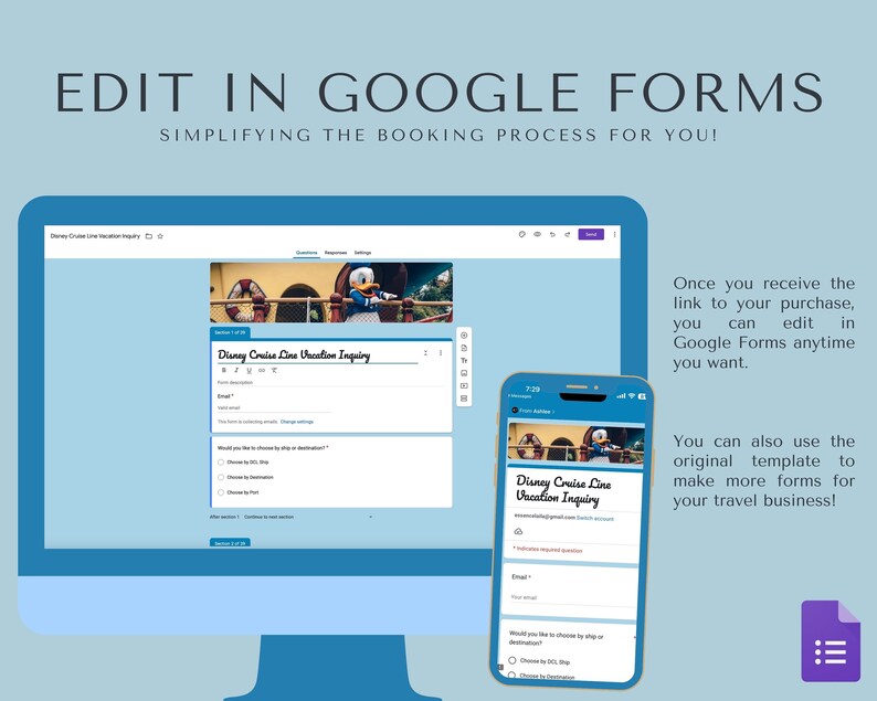 K&ouml;nnte beinhalten: Ein Computerbildschirm und ein Smartphone zeigen ein Google-Formular mit dem Titel "Disney Cruise Line Vacation Inquiry". Das Formular enth&auml;lt ein Textfeld f&uuml;r die E-Mail-Adresse, eine Multiple-Choice-Frage und einen Abschnitt f&uuml;r zus&auml;tzliche Informationen. Das Formular soll den Buchungsprozess f&uuml;r Reiseunternehmen vereinfachen.