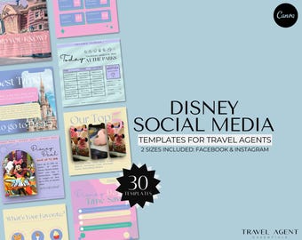 Puede incluir: Una colección de 30 plantillas de redes sociales para agentes de viajes, con un esquema de color azul pastel y rosa con gráficos de temática Disney. Las plantillas están diseñadas para Facebook e Instagram e incluyen texto como "Disney Deal", "Mejor momento para ir a Disney" y "¿Cuál es tu favorito?"