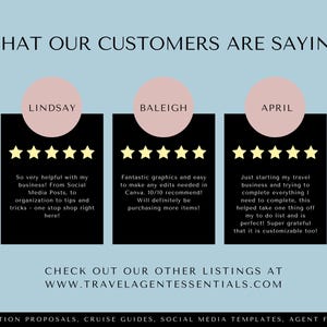 May include: A light blue background with the text "WHAT OUR CUSTOMERS ARE SAYING" in black. Three black and white squares with pink circles in the top corners. Each circle contains a name: Lindsay, Baleigh, and April. Each square contains five yellow stars and a customer testimonial.