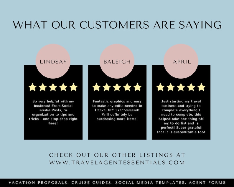 May include: A light blue background with the text "WHAT OUR CUSTOMERS ARE SAYING" in black. Three black and white squares with pink circles in the top corners. Each circle contains a name: Lindsay, Baleigh, and April. Each square contains five yellow stars and a customer testimonial.