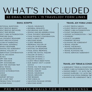 May include: A blue and white graphic with the text "What's Included" in black. The graphic lists 63 email scripts and 19 TravelJoy form links for Disney Cruise Line bookings. The graphic is divided into three sections: Email Scripts, TravelJoy Form Links, and TravelJoy Terms & Conditions.