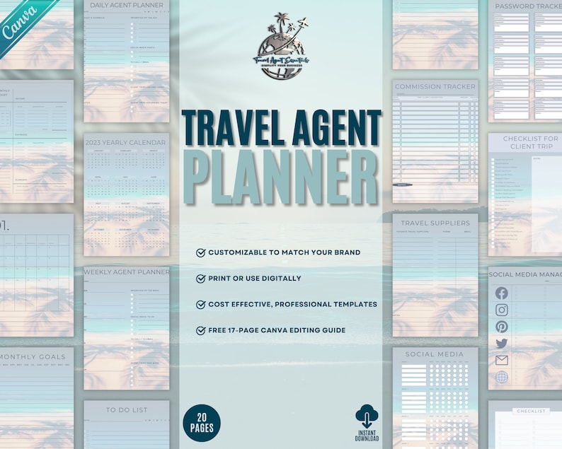 Travel Agent Planner, Daily Planner, Travel Agent Templates, Canva Templates, Digital Download, Digital Planner