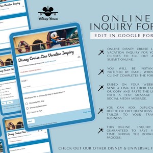 K&ouml;nnte beinhalten: Ein blaues und wei&szlig;es digitales Formular mit dem Text "Disney Cruise Line Vacation Inquiry" und "Online Inquiry Form" mit einem Cartoon-Bild von Mickey Mouse. Das Formular ist so konzipiert, dass es verwendet werden kann, um Informationen von Kunden &uuml;ber ihre Urlaubspr&auml;ferenzen zu sammeln.