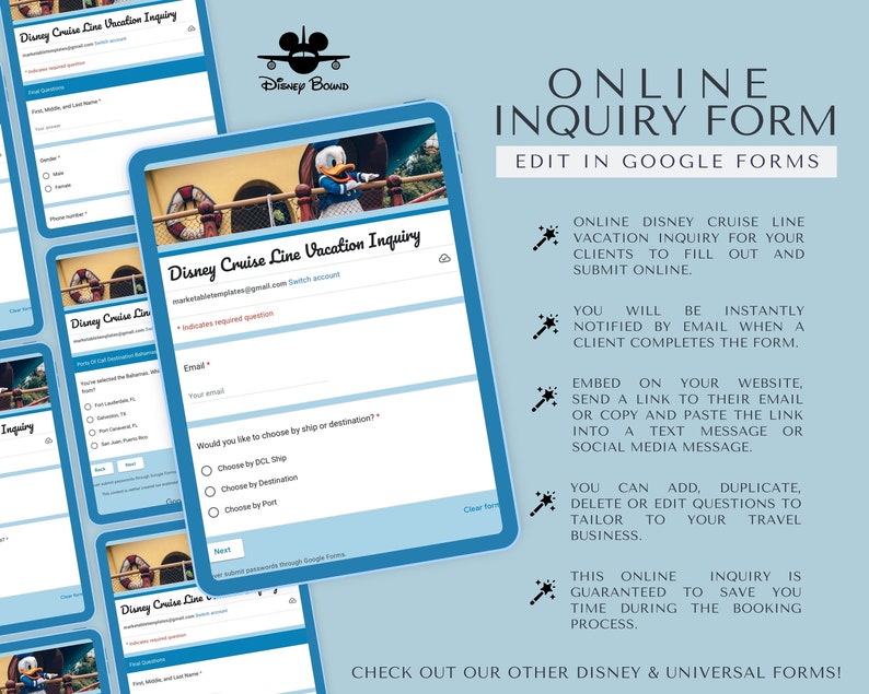 K&ouml;nnte beinhalten: Ein blaues und wei&szlig;es digitales Formular mit dem Text "Disney Cruise Line Vacation Inquiry" und "Online Inquiry Form" mit einem Cartoon-Bild von Mickey Mouse. Das Formular ist so konzipiert, dass es verwendet werden kann, um Informationen von Kunden &uuml;ber ihre Urlaubspr&auml;ferenzen zu sammeln.
