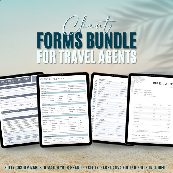 Travel Agent Forms Bundle, Travel Client Intake Form, Travelers Information Form, Credit Card Form, Travel Invoice