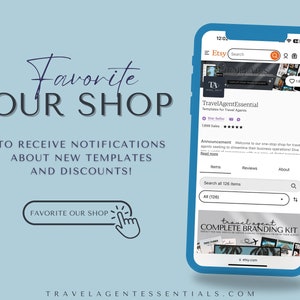 K&ouml;nnte beinhalten: Ein blauer Smartphone-Bildschirm zeigt einen Etsy-Shop namens TravelAgentEssential, der Vorlagen f&uuml;r Reiseb&uuml;ros verkauft. Der Shop hat &uuml;ber 2.000 Verk&auml;ufe und eine 5-Sterne-Bewertung. Der Bildschirm zeigt eine Bannerwerbung f&uuml;r ein komplettes Branding-Kit f&uuml;r Reiseb&uuml;ros. Der Text auf dem Bildschirm lautet: "Willkommen in unserem One-Stop-Shop f&uuml;r Reiseb&uuml;ros, die ihre Gesch&auml;ftsabl&auml;ufe optimieren m&ouml;chten! Tauchen Sie ein und erkunden Sie unsere gro&szlig;e Auswahl an Vorlagen, Ressourcen und Tools, die Ihnen helfen, Ihr Reisegesch&auml;ft auszubauen."