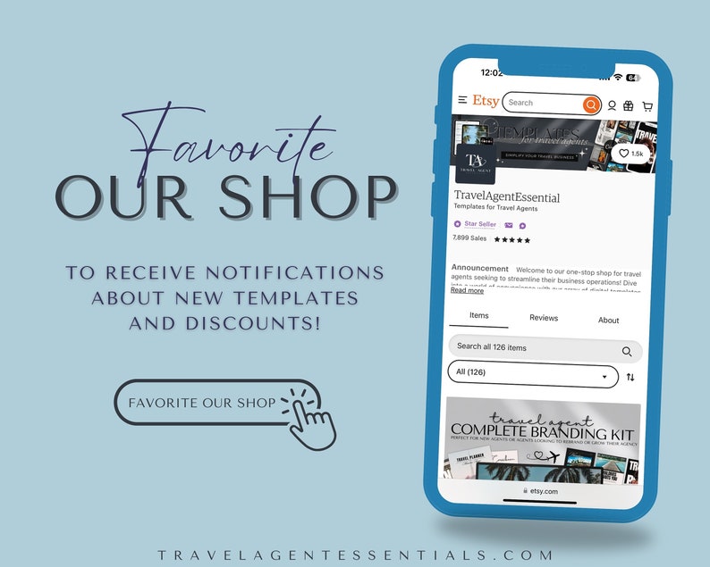 K&ouml;nnte beinhalten: Ein blauer Smartphone-Bildschirm zeigt einen Etsy-Shop namens TravelAgentEssential, der Vorlagen f&uuml;r Reiseb&uuml;ros verkauft. Der Shop hat &uuml;ber 2.000 Verk&auml;ufe und eine 5-Sterne-Bewertung. Der Bildschirm zeigt eine Bannerwerbung f&uuml;r ein komplettes Branding-Kit f&uuml;r Reiseb&uuml;ros. Der Text auf dem Bildschirm lautet: "Willkommen in unserem One-Stop-Shop f&uuml;r Reiseb&uuml;ros, die ihre Gesch&auml;ftsabl&auml;ufe optimieren m&ouml;chten! Tauchen Sie ein und erkunden Sie unsere gro&szlig;e Auswahl an Vorlagen, Ressourcen und Tools, die Ihnen helfen, Ihr Reisegesch&auml;ft auszubauen."