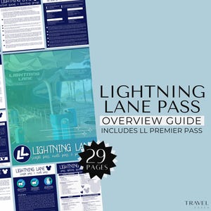 May include: A light blue guide titled "Lightning Lane Pass Overview Guide" with the text "Includes LL Premier Pass." The guide has 29 pages and features images and text about the Lightning Lane system.