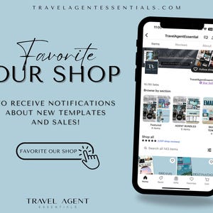 May include: A screenshot of a mobile app for travel agents. The app is called "TravelAgentEssential" and has a blue and white color scheme. The app has a variety of features, including the ability to browse by section, shop all items, and follow the shop. The app also has a star rating of 5 stars.
