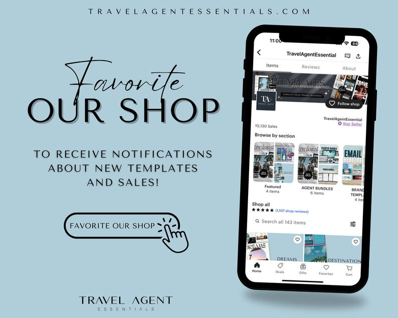 May include: A screenshot of a mobile app for travel agents. The app is called "TravelAgentEssential" and has a blue and white color scheme. The app has a variety of features, including the ability to browse by section, shop all items, and follow the shop. The app also has a star rating of 5 stars.