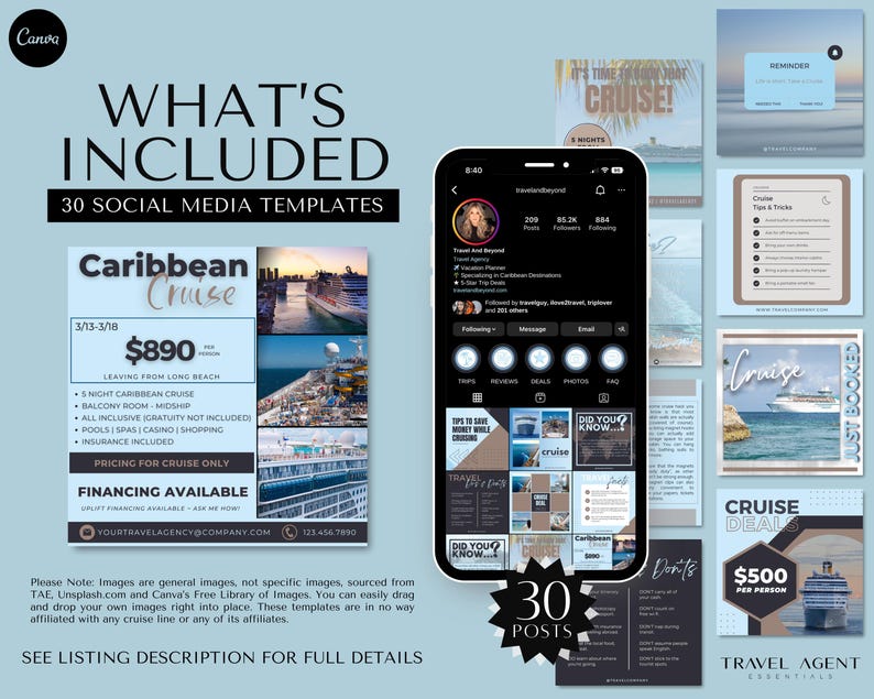 Social Media Templates, Cruise Instagram Templates, Travel Agent Social Media Posts, Canva Cruise Templates, Travel Business Templates image 2
