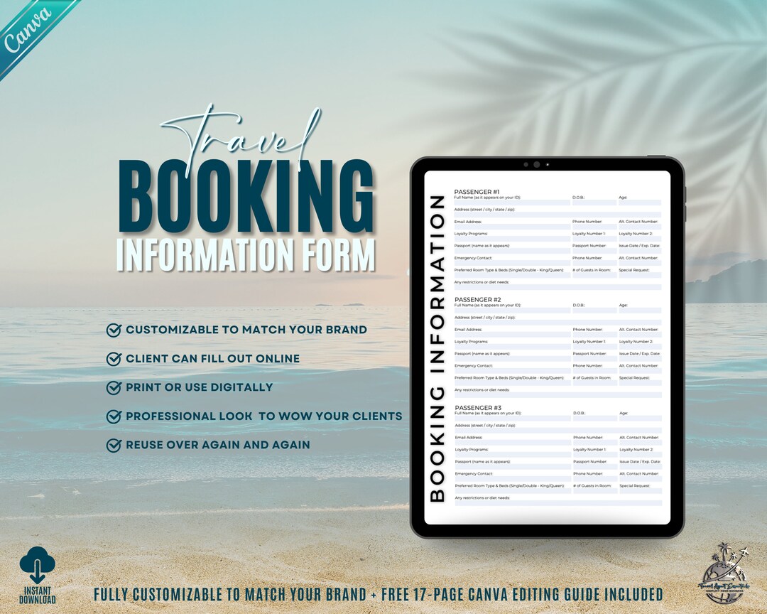 Travel Agent Booking Client Form, Travel Agent Forms, Canva Templates, Booking Form Template