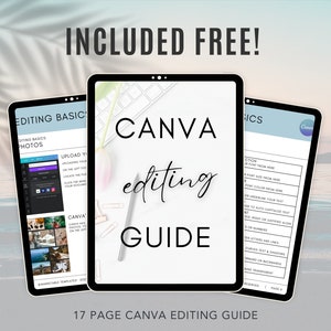 May include: A 17-page Canva editing guide with a white background and black text. The guide is divided into three sections: Editing Basics, Canva Editing, and Graphics. The guide includes tips on how to upload photos, edit text, and create graphics in Canva.