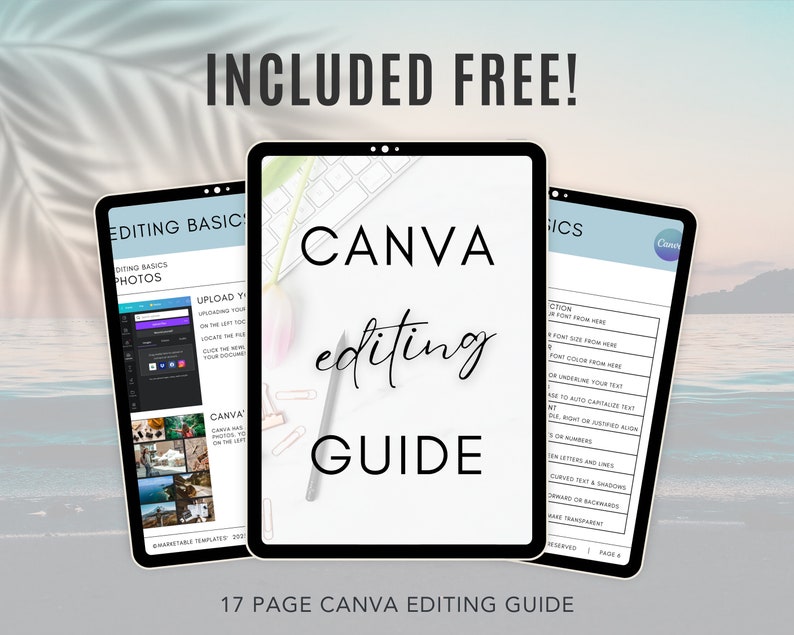 May include: A 17-page Canva editing guide with a white background and black text. The guide is divided into three sections: Editing Basics, Canva Editing, and Graphics. The guide includes tips on how to upload photos, edit text, and create graphics in Canva.