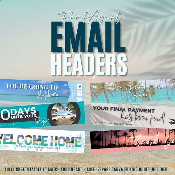 Travel Agent Email Header Banners, Email Headers, Travel Agent Templates, Canva Templates, Travel Agency Email Marketing, Travel Newsletters