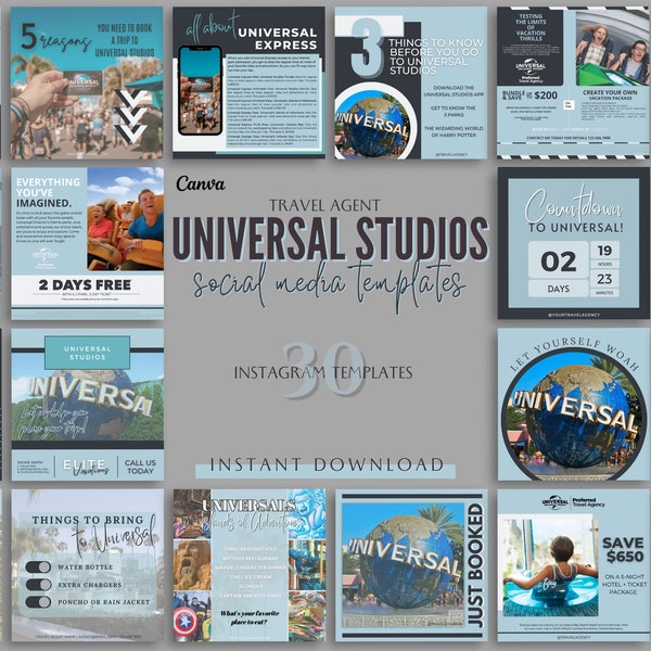 Universal Travel Agent Social Media Templates, Travel Agent Instagram Flyers, Travel Agency Templates, Theme Park Flyers, Canva Templates