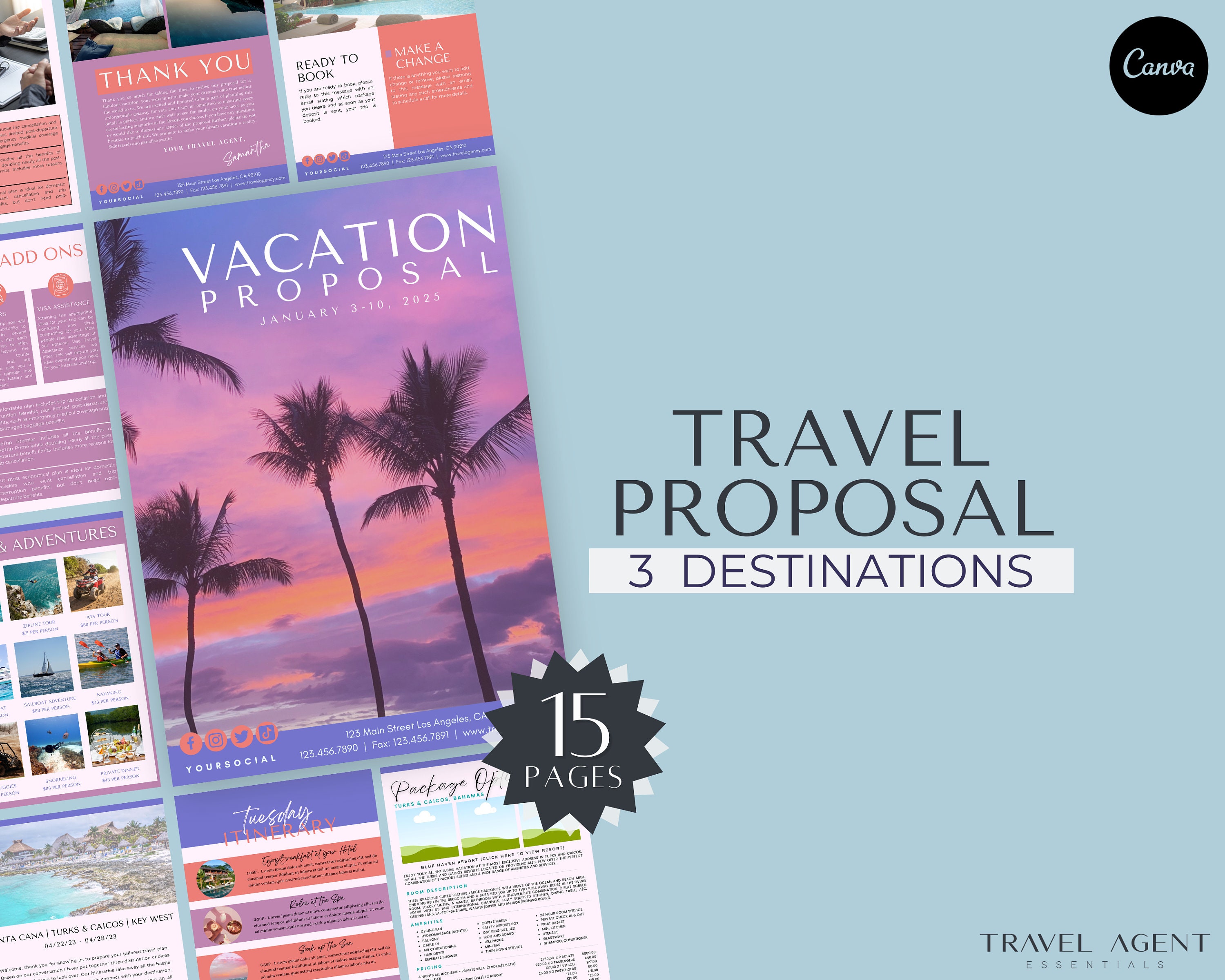 Travel Agent Vacation Proposal Template, Resort Proposal, Travel Agent Proposal, Canva Template, Travel Business, Client Trip Proposal