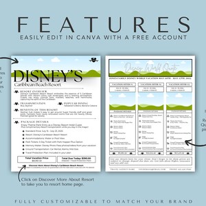 May include: A printable Disney's Caribbean Beach Resort vacation package quote card with a green and blue color scheme. The card includes a vacation offer, package details, and a total vacation price of $8,061.32. The card also includes a bonus 3 resort offer quote card in pink and white.