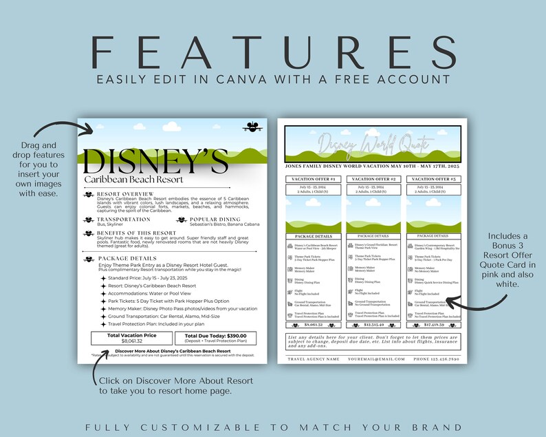 May include: A printable Disney's Caribbean Beach Resort vacation package quote card with a green and blue color scheme. The card includes a vacation offer, package details, and a total vacation price of $8,061.32. The card also includes a bonus 3 resort offer quote card in pink and white.