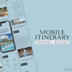 May include: A mobile phone screen displaying a vacation itinerary with the text "Vacation Itinerary" and flight details for MIA to PUJ and PUJ to MIA. The phone is on a blue background with the text "Mobile Itinerary Travel Agent" in black.