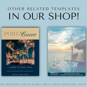 May include: Two travel brochure templates. The first is a blue and gold brochure with the text "Punta Cana" and "A Guide to Punta Cana". The second is a blue and white brochure with the text "Vacation Proposal" and "A Proposal by Your Travel Company".